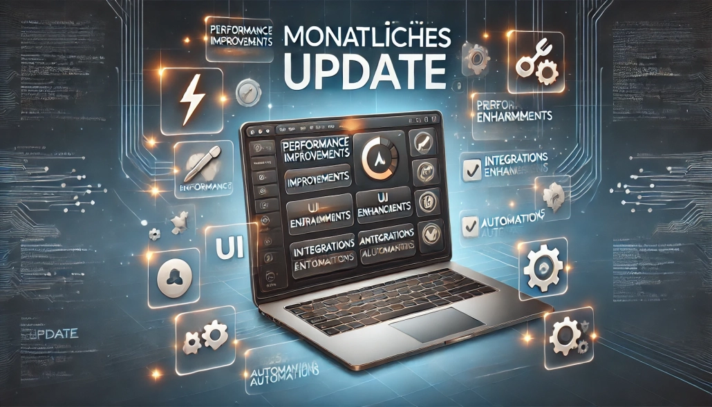 Monatliches Software-Update einer Agentursoftware mit Dashboard und neuen Features wie Performance-Verbesserungen, UI-Anpassungen, Integrationen und Automatisierung, dargestellt mit Icons und Code-Hintergrund.