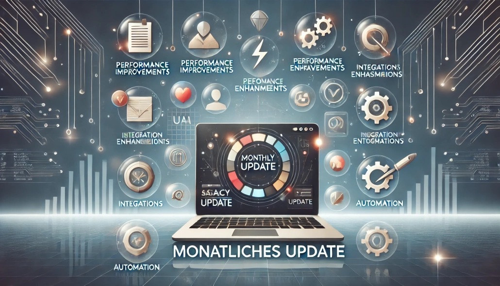 Monatliches Software-Update einer Agentursoftware mit Dashboard und neuen Features wie Performance-Verbesserungen, UI-Anpassungen, Integrationen und Automatisierung, dargestellt mit Icons und Code-Hintergrund.