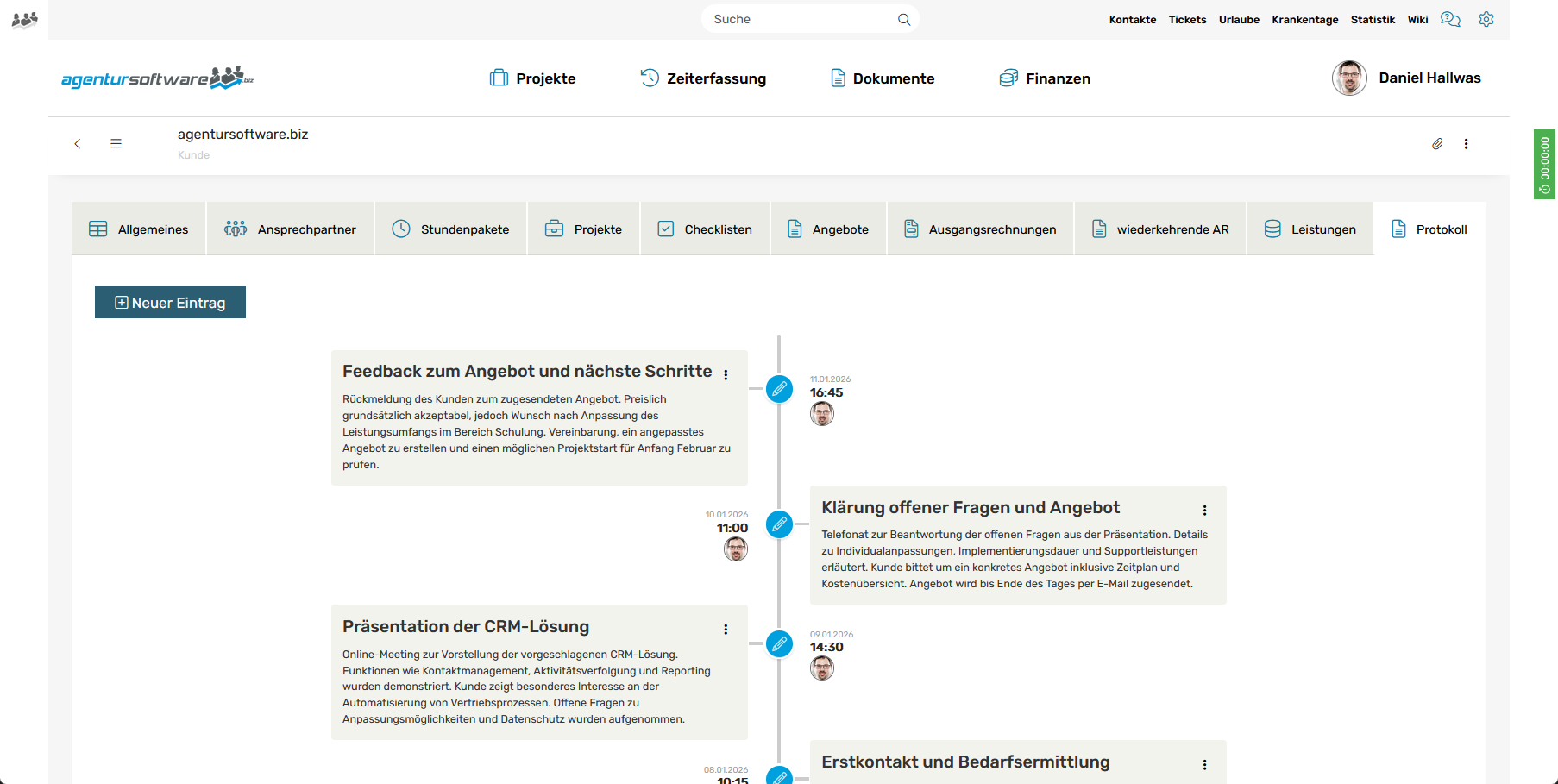 CRM: Protokoll Timeline